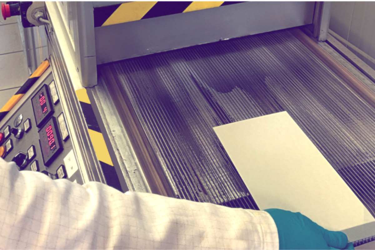 a steel paint sample entering into UV radiations machine
